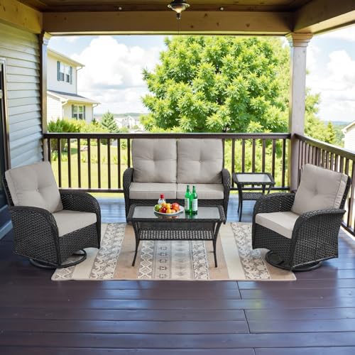 Patio Wicker Chairs Swivel Rocker – Outdoor Swivel Rocking Chairs Set of 2 with Rattan Side Table, Patio Swivel Glider Chair 3 Piece Patio Furniture Sets for Deck Porch Pool Brown/Blue - Image 6