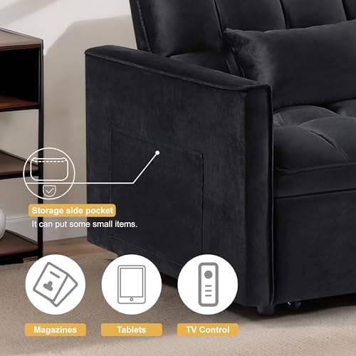 3 in 1 Sleeper Sofa Bed, Futon Sofa Bed for Living Room with Side Pocket, Black Sleepers Sofa Couch with Pullout Bed, Convertible Love Seat Sleepers Bed for Living Room, Bedroom, Small Space - Image 14