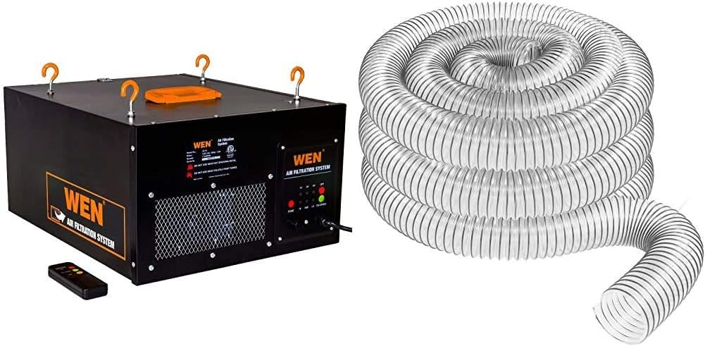 WEN 3410 3-Speed Remote-Controlled Air Filtration System (300/350/400 CFM) & FULTON 4 x 20′ Ultra Flex Clear-Vue Heavy Duty PVC Hose – MADE IN USA!