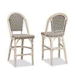 PURPLE LEAF French Counter Height Bar Stool Set of 2 25 White Print Finish Patio Bar Chairs with Back Rattan Bar Chairs French Bistro Set for Kitchen Outdoor Counter Stool Colorful
