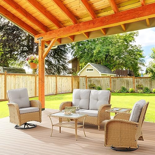 Patio Wicker Chairs Swivel Rocker – Outdoor Swivel Rocking Chairs Set of 2 with Rattan Side Table, Patio Swivel Glider Chair 3 Piece Patio Furniture Sets for Deck Porch Pool Brown/Blue - Image 220
