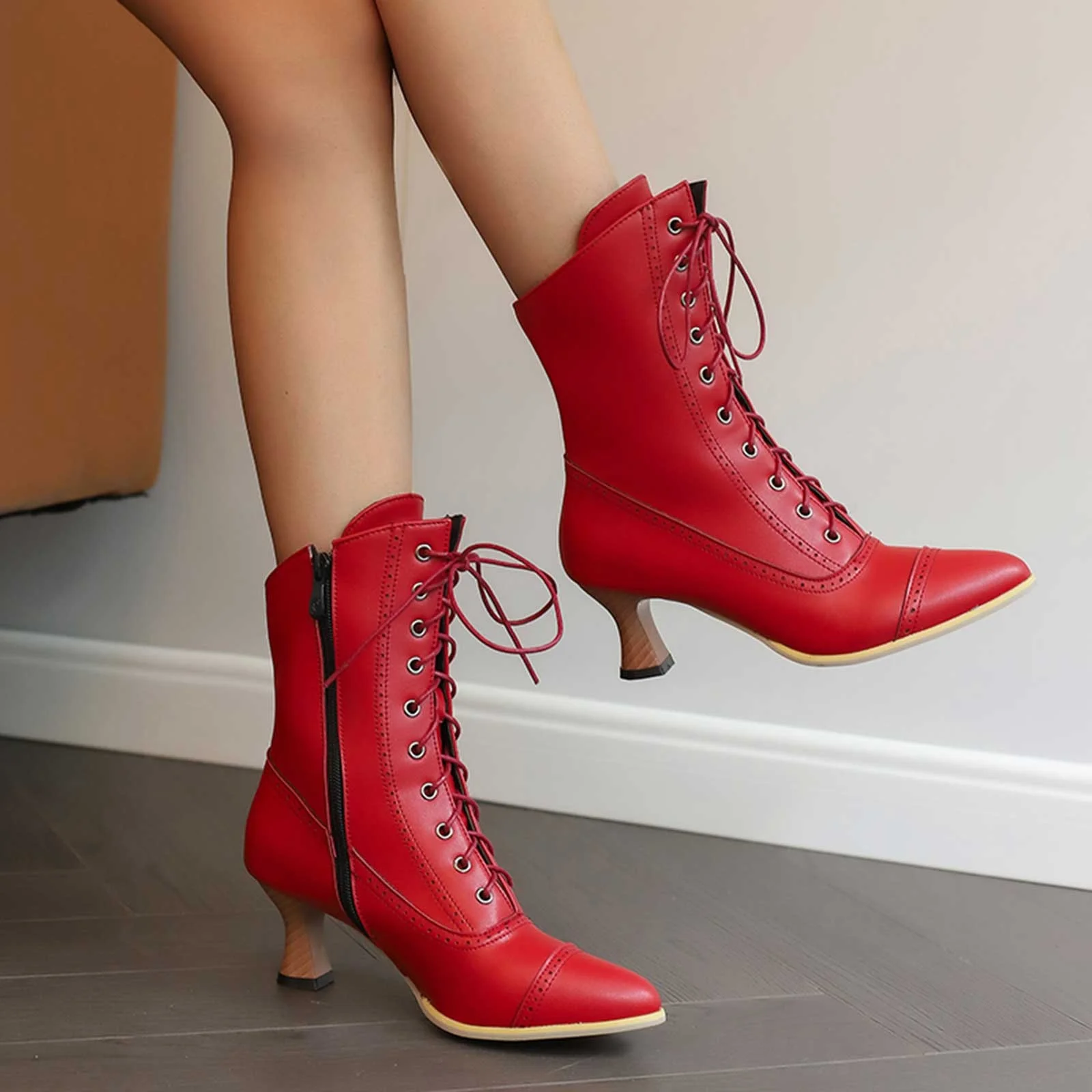 PMUYBHF Female Women Sandals and Slides Lace up British Boots Wine Glasses and Round Headed Solid Color Large Women’s Short Boots Red 38 - Image 6