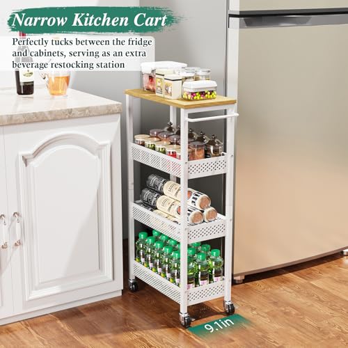 Utility Slim Storage Cart, 4 Tier Small Rolling Kitchen Laundry Room Cart with Wood Top, Metal Narrow Bathroom Storage Cabinet Mobile Shelf Unit Organizer Trolley with Handle for Narrow Space - Image 33