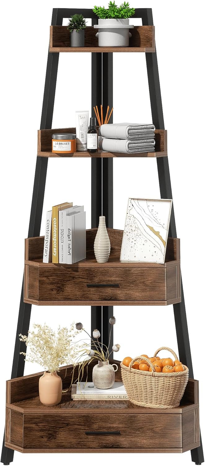 Elsie&Mi 55.1 Inch Tall Corner Shelf, 4-Tire 2 Drawers Corner Cabinet, Storage Rack for Living Room, Office, Kitchen, Basement, Bedroom, Rustic Brown