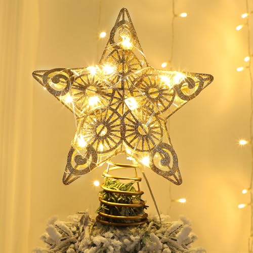Juegoal Star Tree Topper with 20 LED Lights, Metal Golden Lighted Treetop Ornaments, Battery Powered Light Up Christmas Tree Decorations, 6.5 x 6.5 Inches - Image 2