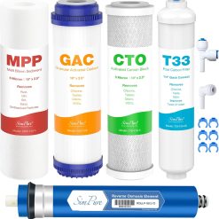 SimPure 5 Stage Reverse Osmosis Replacement Filter Set with 75 GPD RO Membrane, 5pc Pre & Post Replacement Cartridge Pack Kit for Standard 5-Stage Reverse Osmosis RO Systems