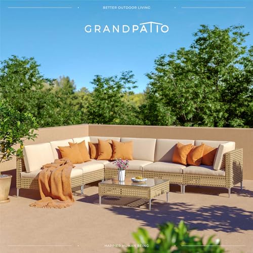 Grand patio 7-Piece Wicker Patio Furniture Set, Boho Outdoor Conversation Set Sectional Sofa with Water Resistant Thick Cushions and Coffee Table, Cream - Image 56