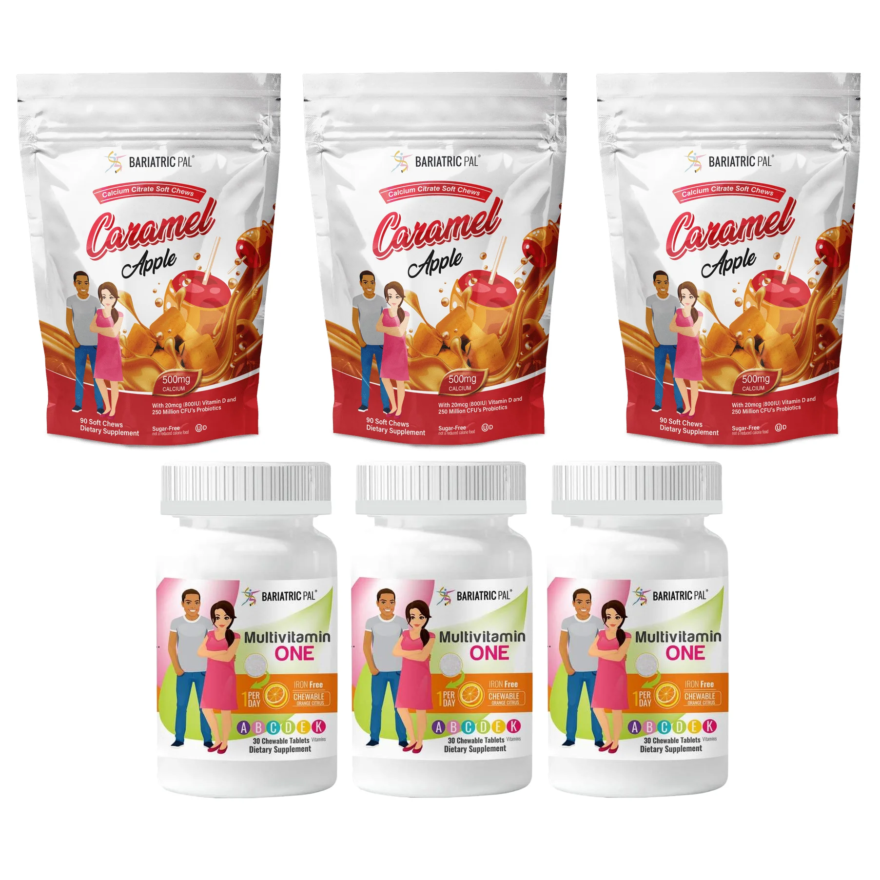 Duodenal Switch Vitamin Pack – Chewables Size: 3-Month Supply, BariatricPal Multivitamin ONE: Orange Citrus Chewable – Iron Free, BariatricPal Calcium Citrate Soft Chews: Caramel Apple