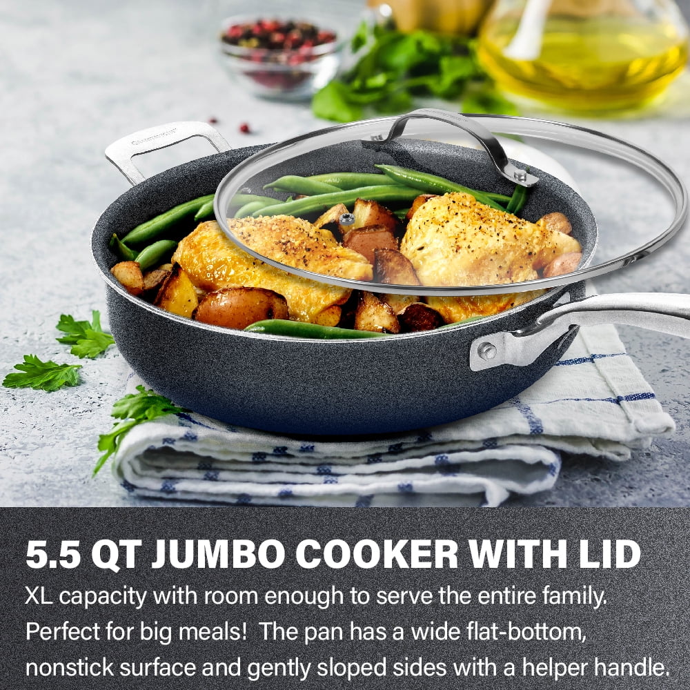 Granitestone Jumbo Cooker with Lid, Nonstick Triple Coated Surface, Family Sized Open Skillet with Stainless Steel Stay Cool & Helper Handle, Oven and Dishwasher Safe - Image 5