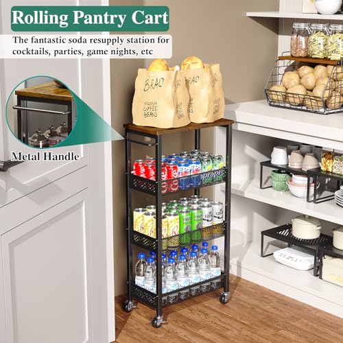 Utility Slim Storage Cart, 4 Tier Small Rolling Kitchen Laundry Room Cart with Wood Top, Metal Narrow Bathroom Storage Cabinet Mobile Shelf Unit Organizer Trolley with Handle for Narrow Space - Image 15