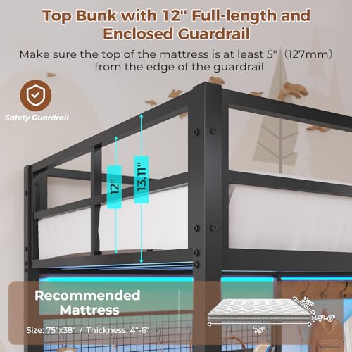 DICTAC Twin Loft Bed with L-Shaped Desk,Storage Shelves and Charging Station Metal Loft Bed Twin Size with LED Lights,Coat Rack with Drawers and Stair,Top Bunk with Safety Guardrail for Teen,Black - Image 7