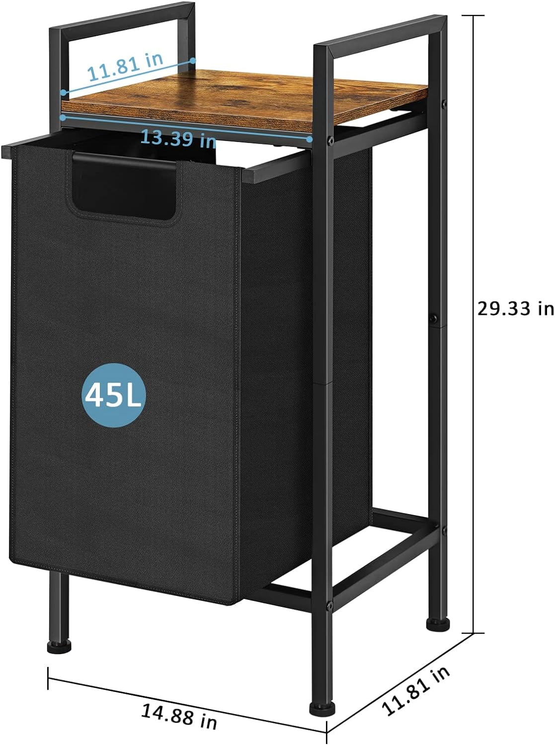 Black Laundry Hamper Basket with Removable Bag and Brown Wood Shelf - Image 6