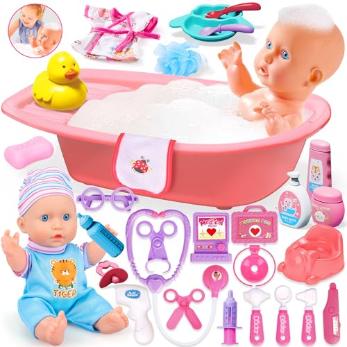 Baby Doll Toys Set, 14 Doll Toys, 25Pcs Dolls Care Toy Playset, Toddlers Toy Doll Set Incl Cradle Crib, High Chair, Milk Bottle, Pacifier, Diaper, Baby Gift for Age 3 4 5 6+ Years Old Girls Boys - Image 5