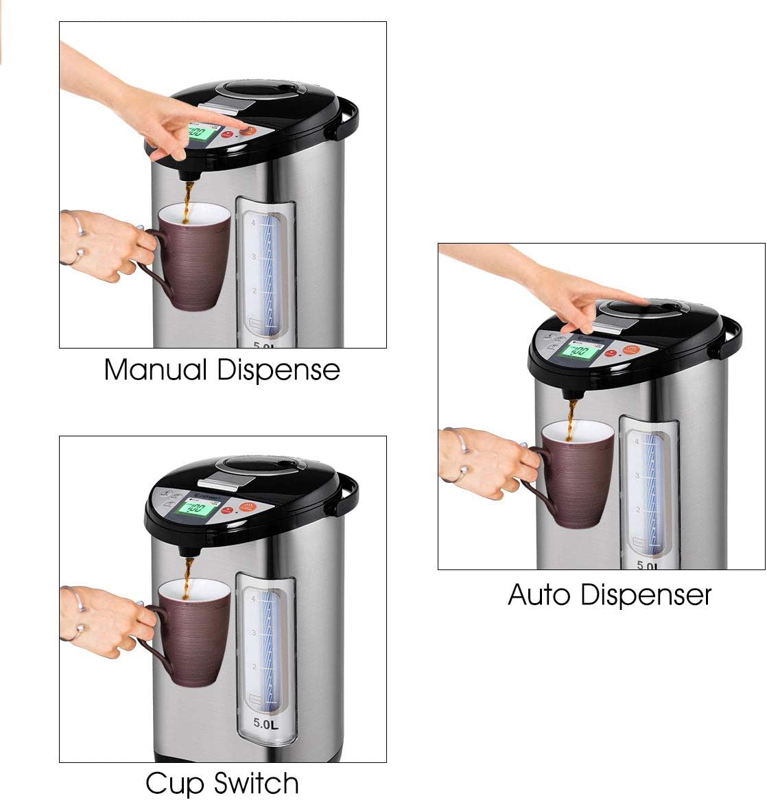 Costway Instant Electric Hot Water Boiler and Warmer, 5-Liter LCD Water Pot with 5 Stage Temperature Settings, Safety Lock to Prevent Spillage, Stainless Steel Hot Water Dispenser - Image 8