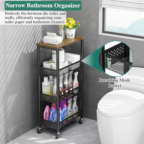 Utility Slim Storage Cart, 4 Tier Small Rolling Kitchen Laundry Room Cart with Wood Top, Metal Narrow Bathroom Storage Cabinet Mobile Shelf Unit Organizer Trolley with Handle for Narrow Space - Image 14