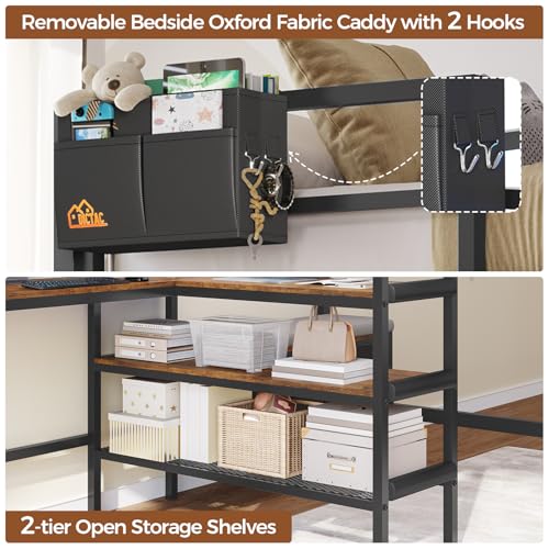 DICTAC Twin Loft Bed with L-Shaped Desk,Storage Shelves and Charging Station Metal Loft Bed Twin Size with LED Lights,Coat Rack with Drawers and Stair,Top Bunk with Safety Guardrail for Teen,Black - Image 9