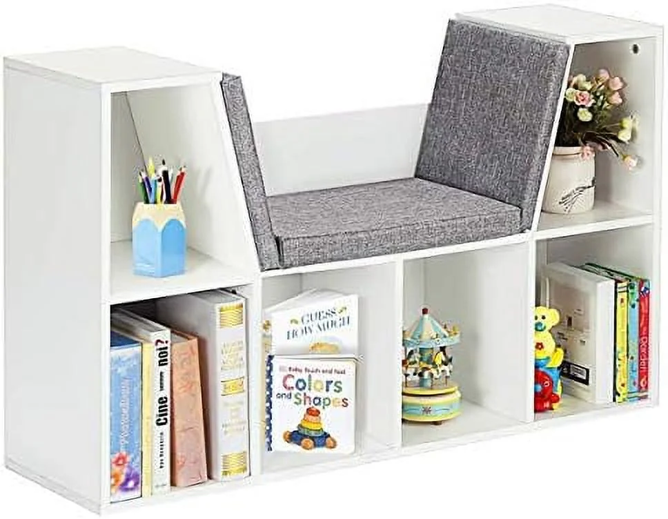 HJZBNONE 6-Cubby Bookcase w/Cushioned Reading Nook Multi Purpose Organizer Cabinet with Soft Cushion and Thick Wood Board for Children Girls & Boys Bedroom Decor Room (Modern Whit