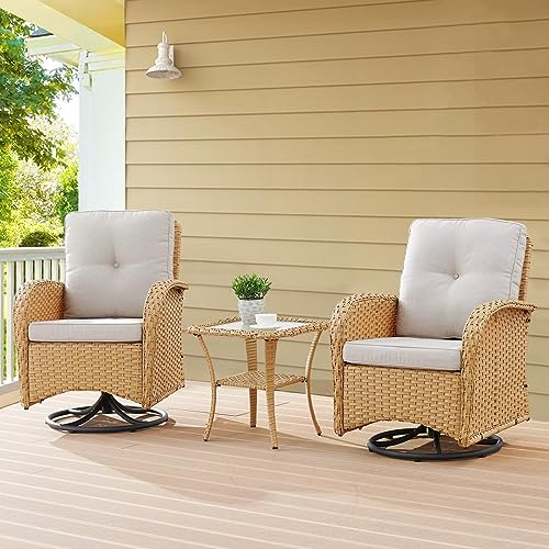 Patio Wicker Chairs Swivel Rocker – Outdoor Swivel Rocking Chairs Set of 2 with Rattan Side Table, Patio Swivel Glider Chair 3 Piece Patio Furniture Sets for Deck Porch Pool Brown/Blue - Image 219