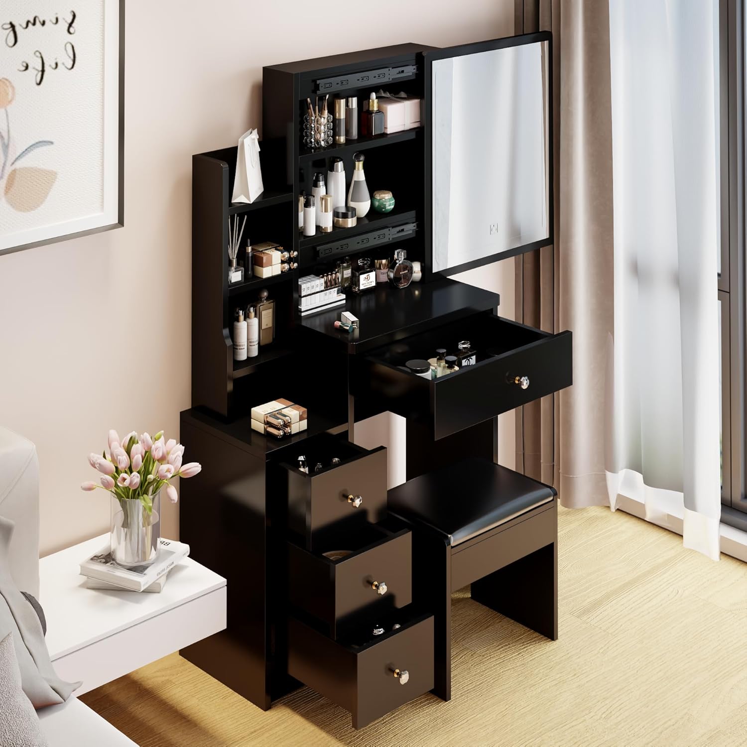 CIATRE Small Space Left Bedside Cabinet Vanity Table + Cushioned Stool, Extra Large Right sliding mirror, Multi Layer High Capacity Storage, Practical Fashionable Dresser, Black - Image 3