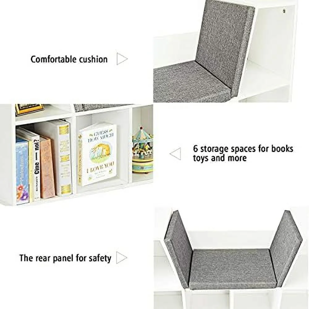 HJZBNONE 6-Cubby Bookcase w/Cushioned Reading Nook Multi Purpose Organizer Cabinet with Soft Cushion and Thick Wood Board for Children Girls & Boys Bedroom Decor Room (Modern Whit - Image 4