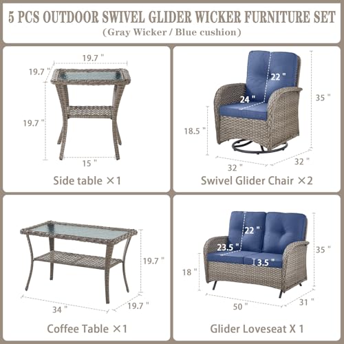 Patio Wicker Chairs Swivel Rocker – Outdoor Swivel Rocking Chairs Set of 2 with Rattan Side Table, Patio Swivel Glider Chair 3 Piece Patio Furniture Sets for Deck Porch Pool Brown/Blue - Image 142