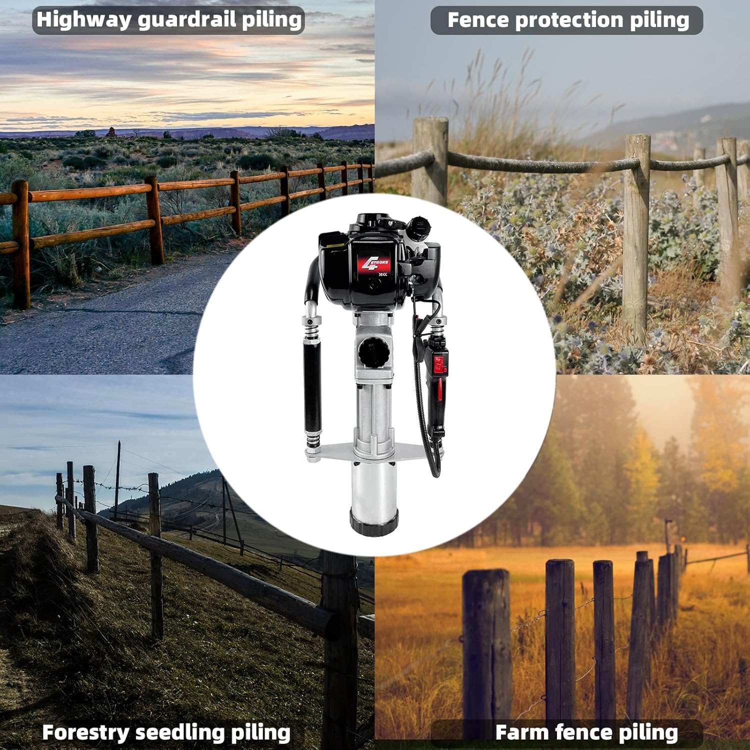 Gas Powered 4-Stroke T Post Driver Hammer Drills, 37.7CC Gasoline Engine Pile Driver, Air Cooling Single Cylinder Gasoline Petrol Garden Fencing Tool Machine with 2 Post Driving Head - Image 4