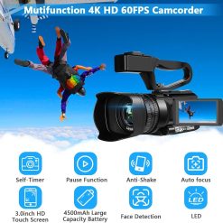Alternative view of Video Camera 4K HD Auto Focus Camcorder 48MP 60FPS 30X Digital Zoom Camera for YouTube LED Function 4500mAh Battery with Handheld Stabilizer, Remote Control,Microphone and 64G SD Card