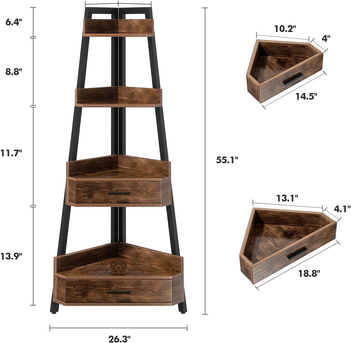 Elsie&Mi 55.1 Inch Tall Corner Shelf, 4-Tire 2 Drawers Corner Cabinet, Storage Rack for Living Room, Office, Kitchen, Basement, Bedroom, Rustic Brown - Image 3