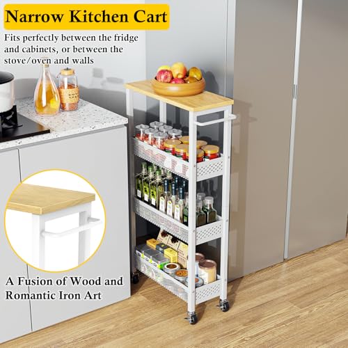 Utility Slim Storage Cart, 4 Tier Small Rolling Kitchen Laundry Room Cart with Wood Top, Metal Narrow Bathroom Storage Cabinet Mobile Shelf Unit Organizer Trolley with Handle for Narrow Space - Image 4