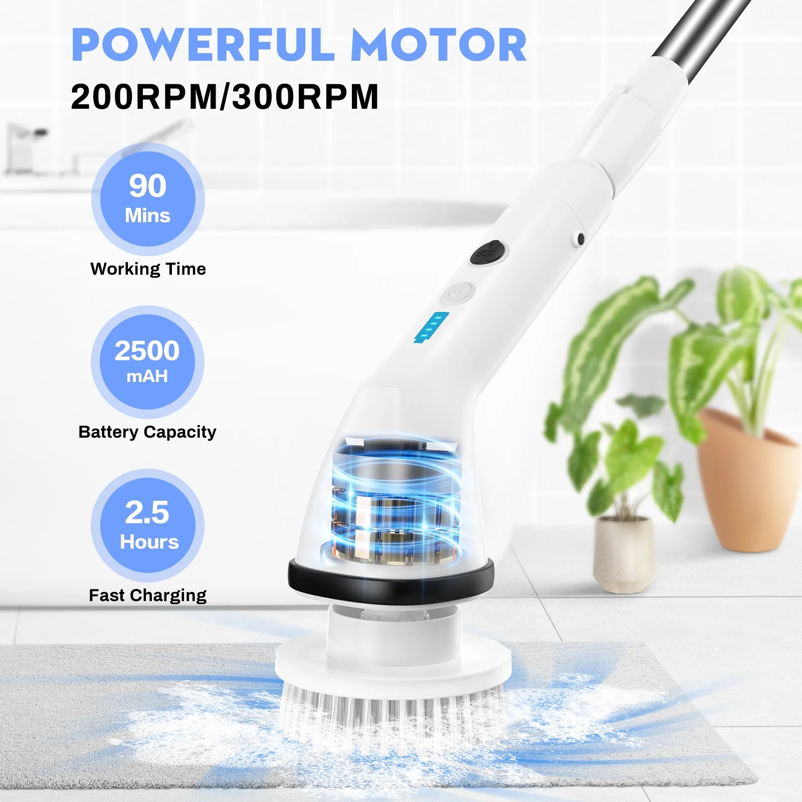 VAVSEA Electric Spin Scrubber,Cleaning Brush for Bathroom,1.5H 300RPM Shower Scrubber Kit for Floor Tile Bathtub,51 inch - Image 2