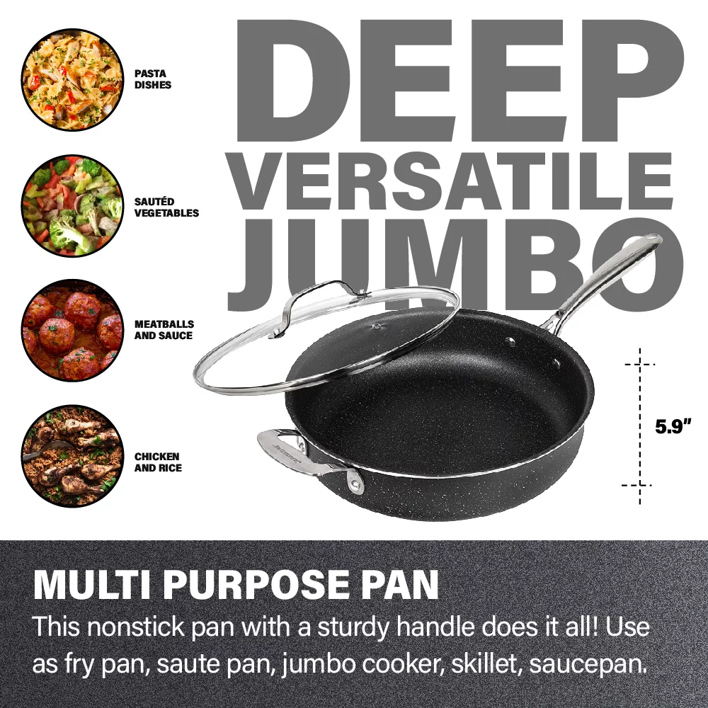 Granitestone Jumbo Cooker with Lid, Nonstick Triple Coated Surface, Family Sized Open Skillet with Stainless Steel Stay Cool & Helper Handle, Oven and Dishwasher Safe - Image 2