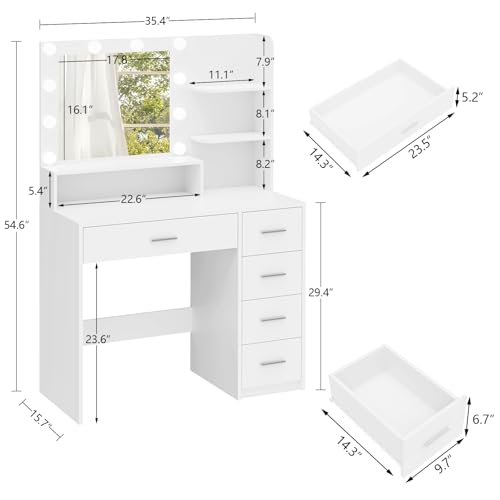 Makeup Vanity Desk with Mirror, 10 Lights, 5 Drawers, 3 Storage Shelves, 3 Color Modes & Adjustable Brightness Dressing Table, 35.4?? Desk, Black - Image 13