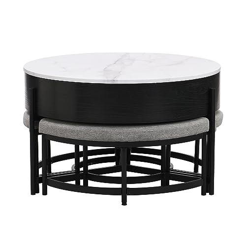 Linique Modern Round Lift-Top Coffee Table with Storage and 3 Ottoman, White + Black - Image 18