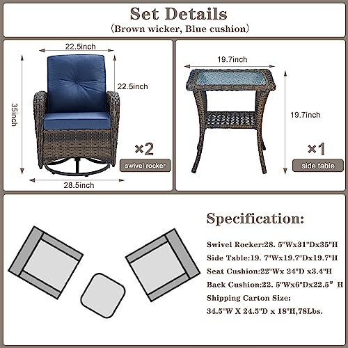 Patio Wicker Chairs Swivel Rocker – Outdoor Swivel Rocking Chairs Set of 2 with Rattan Side Table, Patio Swivel Glider Chair 3 Piece Patio Furniture Sets for Deck Porch Pool Brown/Blue - Image 103
