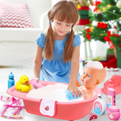 Baby Doll Toys Set, 14 Doll Toys, 25Pcs Dolls Care Toy Playset, Toddlers Toy Doll Set Incl Cradle Crib, High Chair, Milk Bottle, Pacifier, Diaper, Baby Gift for Age 3 4 5 6+ Years Old Girls Boys - Image 16