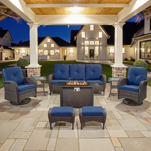 Patio Wicker Chairs Swivel Rocker – Outdoor Swivel Rocking Chairs Set of 2 with Rattan Side Table, Patio Swivel Glider Chair 3 Piece Patio Furniture Sets for Deck Porch Pool Brown/Blue - Image 117