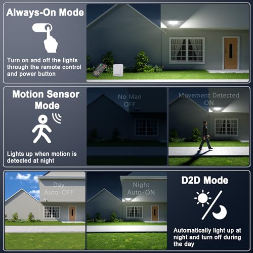 75W Motion Sensor Security Lights with Remote Control,3 Heads Motion Detection Outdoor Lights 6500K IP65,7500LM Flood Lights Dusk to Dawn Motion Sensor Lights for Yard Garage Porch Wall 2PCS - Image 6