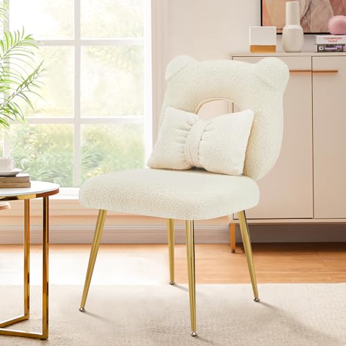 Furnimart Cute Vanity Chair, Bear Shape Makeup Chair with Backrest Pillow, Comfy Accent Chair Desk Chair Teddy fabric with Golden Metal Legs for Living Room/Dressing Room/Home Office Green