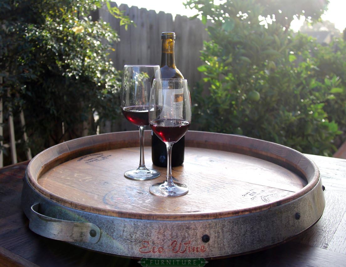 Lazy Susan from Reclaimed Wine Barrel ?C Oak Tray with Steel Rim & Handles ?C Rustic Charcuterie Board