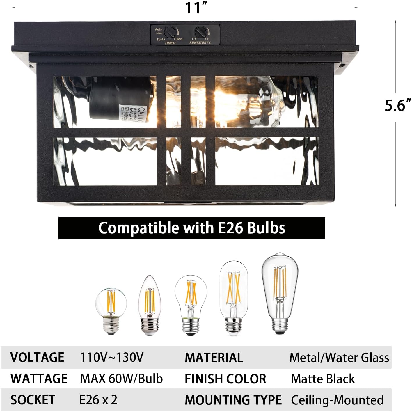 Industrial Motion Sensor Outdoor Flush Mount Ceiling Light, Water Ripple Glass Square Black 2-Light Ceiling Lamp for Porch, Entryway, and Garage, Timer and Sensitivity Adjustable - Image 5