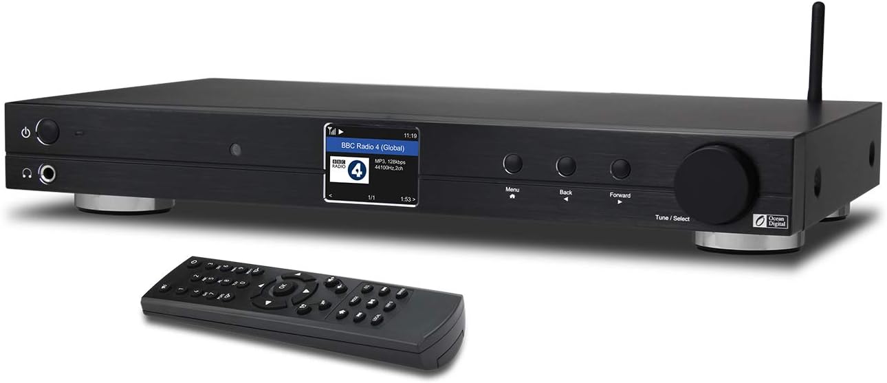 Ocean Digital WiFi Internet Component Radio Tuner (430 mm) WR10 FM/ Ethernet Bluetooth Receiver 2.4 Color Display with Digital Output to Connect Hi-Fi System -Black