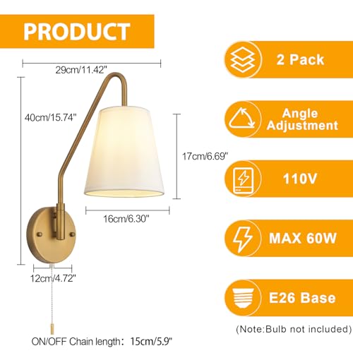 PASSICA DECOR Hardwired Wall Sconces Set of Two 2 Pack with Pull Chain ON Off Matte Black Swing Arm Lighting Modern Vintage Lamp Industrial White Fabric Wall Light for Bedroom Farmhouse Living Room - Image 5