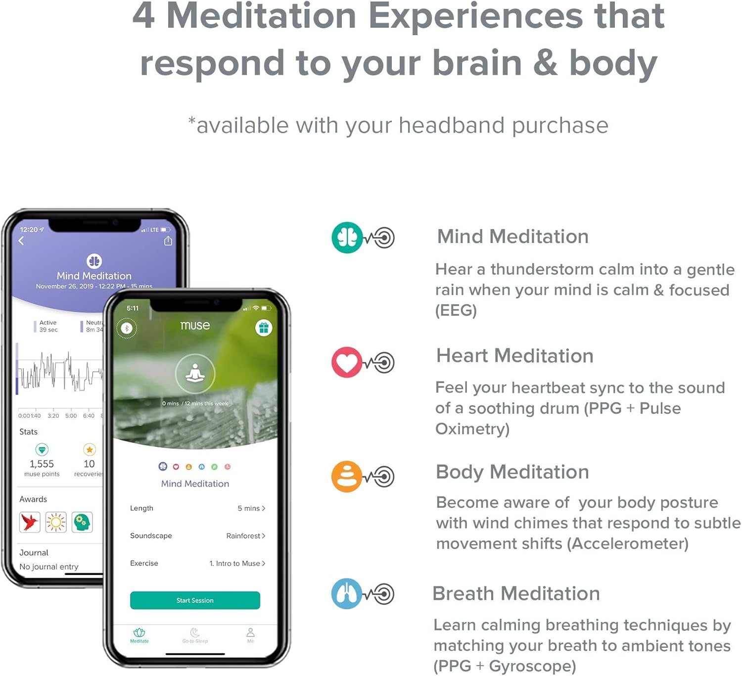 MUSE 2: The Brain Sensing Headband – Meditation Tracker Multi Sensor Headset Device – Responsive Sound Feedback for Brain Wave, Heart, Body & Breath Activity,Black/Grey - Image 4