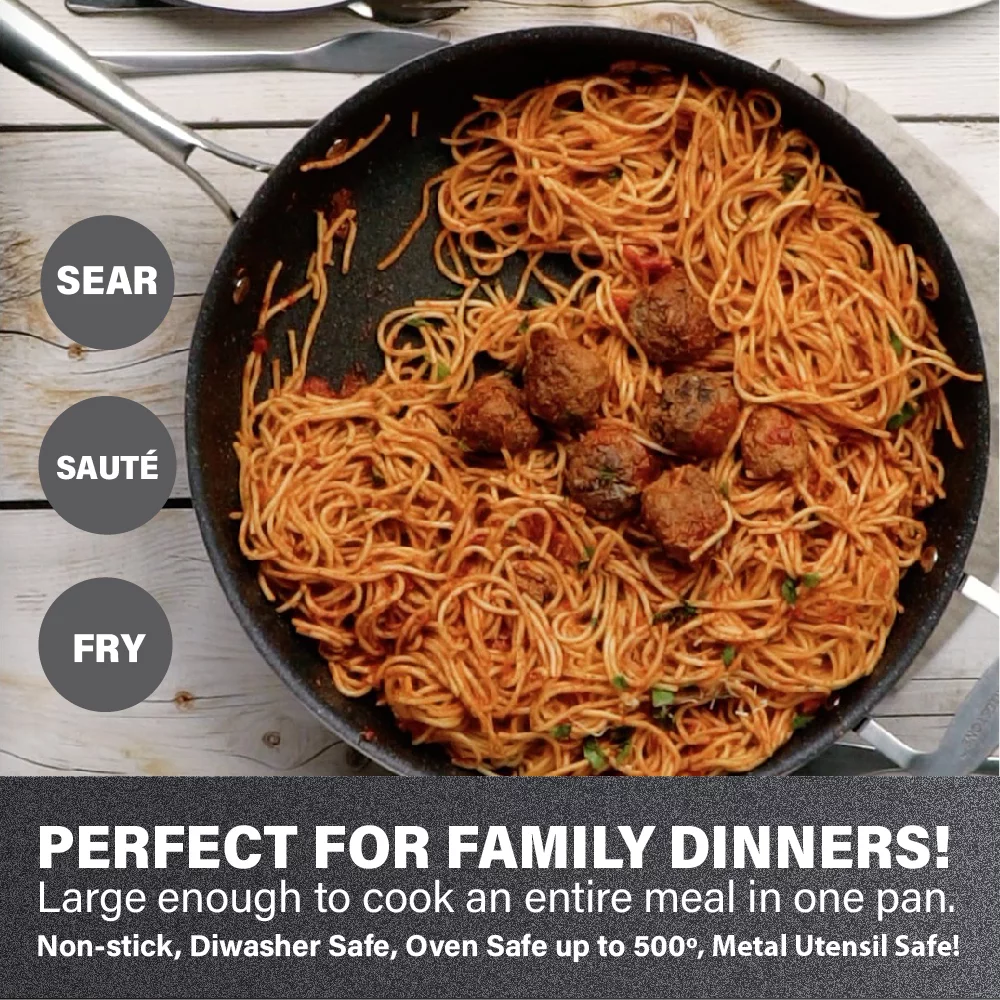 Granitestone Jumbo Cooker with Lid, Nonstick Triple Coated Surface, Family Sized Open Skillet with Stainless Steel Stay Cool & Helper Handle, Oven and Dishwasher Safe - Image 6