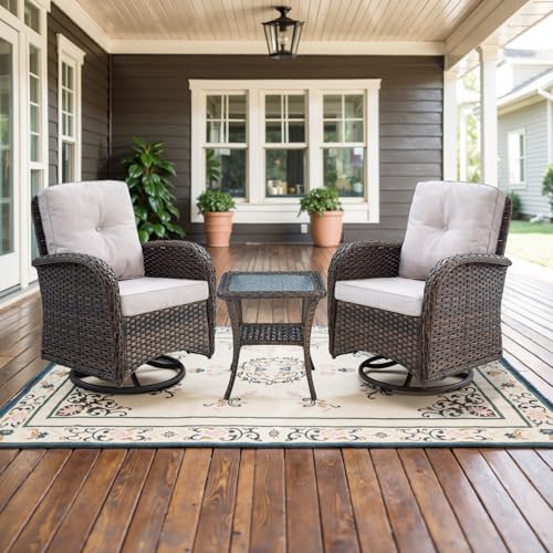 Patio Wicker Chairs Swivel Rocker – Outdoor Swivel Rocking Chairs Set of 2 with Rattan Side Table, Patio Swivel Glider Chair 3 Piece Patio Furniture Sets for Deck Porch Pool Brown/Blue - Image 113