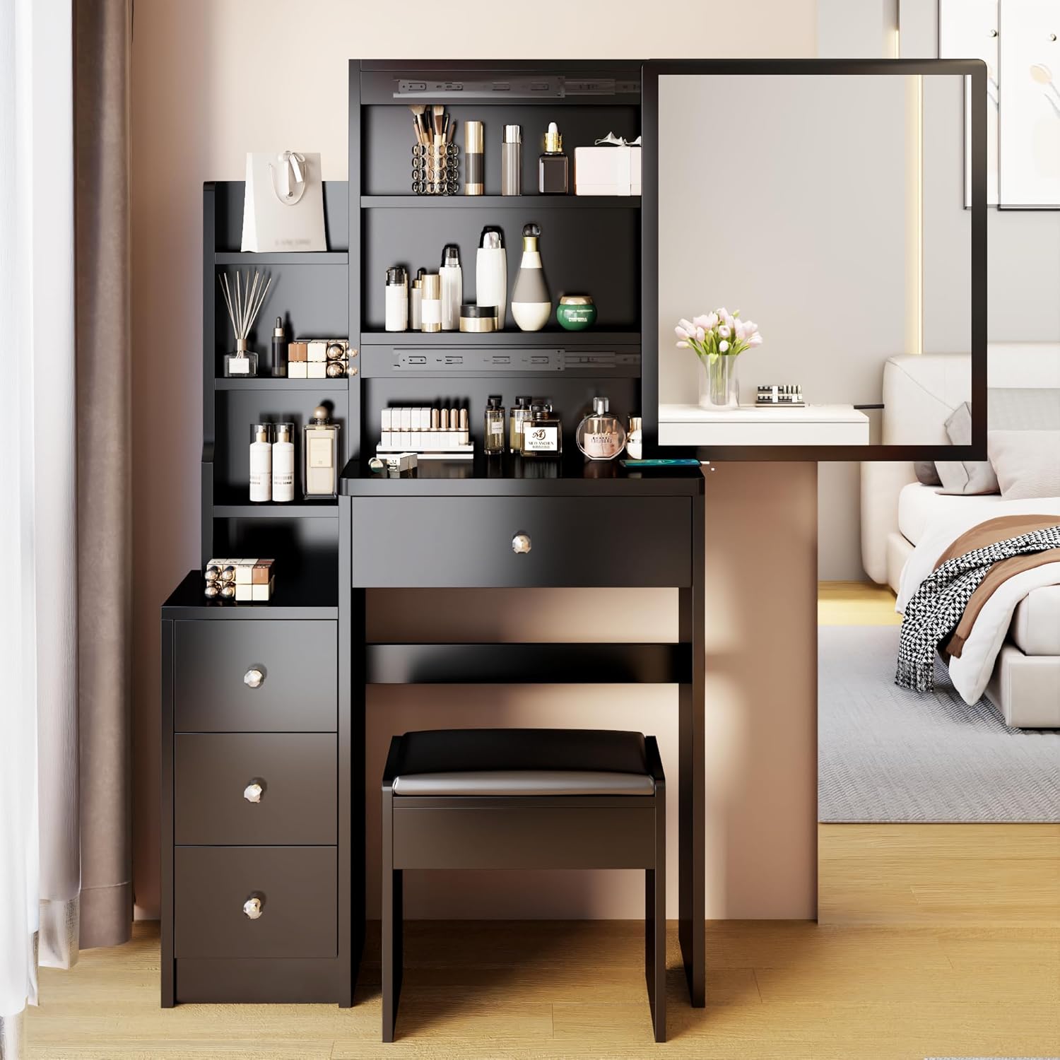CIATRE Small Space Left Bedside Cabinet Vanity Table + Cushioned Stool, Extra Large Right sliding mirror, Multi Layer High Capacity Storage, Practical Fashionable Dresser, Black