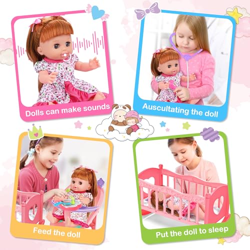 Baby Doll Toys Set, 14 Doll Toys, 25Pcs Dolls Care Toy Playset, Toddlers Toy Doll Set Incl Cradle Crib, High Chair, Milk Bottle, Pacifier, Diaper, Baby Gift for Age 3 4 5 6+ Years Old Girls Boys - Image 19