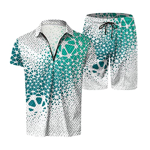 Mens Printed Outfits Zipper Short Sleeve Lapel Shirts Short 2 Piece Outfits Sets For Men Summer Beach Outfits Suits - Image 2