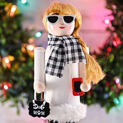 Ornativity Christmas Dog Mom Nutcracker ?C White and Black Wooden Nutcracker Woman with Dog on Leash and a Smartphone in Hand Xmas Themed Holiday Nut Cracker Doll Figure Decorations 15 - Image 4