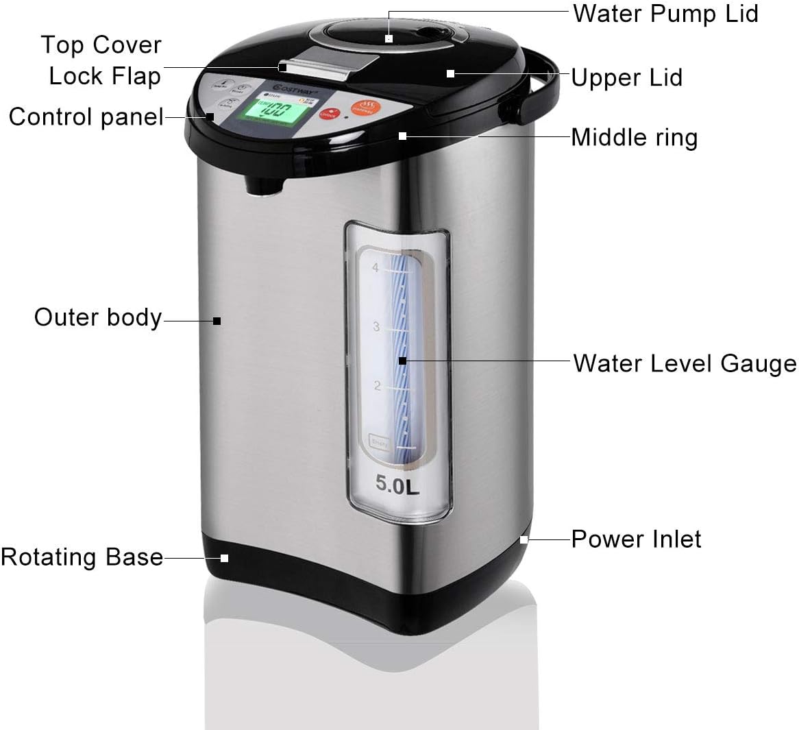 Costway Instant Electric Hot Water Boiler and Warmer, 5-Liter LCD Water Pot with 5 Stage Temperature Settings, Safety Lock to Prevent Spillage, Stainless Steel Hot Water Dispenser - Image 6